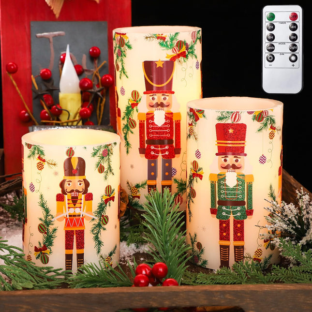 Flameless Christmas Candles Battery Operated, Realistic Flickering Flameless Candles with Timer & Remote, Holiday Led Pillar Candles for Holiday Decorations, Nutcracker