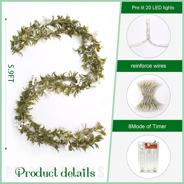 Joyhalo Christmas Garland with Lights Battery Operated - 5.9ft 20 LED White Berry Lighted Christmas Garland, Christmas Decorations Prelit Garland Indoor Outdoor Fireplace, Stair, Railing, Mantle Decor