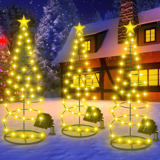 VIHOSE 3 Pcs Solar Spiral Christmas Tree Outdoor Prelit LED Light with Warm White Lights, 8 Modes, One 3 ft and Two 4 ft Light up Xmas Pathway Markers Indoor Holiday Christmas Decoration Lamp