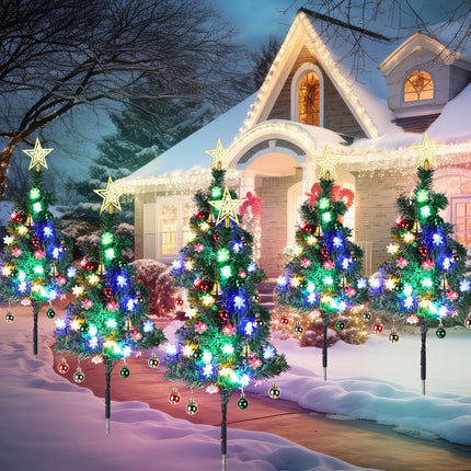 6 Pack Christmas Tree Pathway Lights Outdoor 120 LED Xmas Tree Light with 8 Lighting Modes Star Tree Topper Candy Cane Plug-in Light for Garden Yard Lawn Holiday Decor(Snow Flocked)