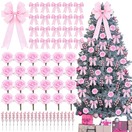 Duraaamo 61 Pcs Rose Christmas Tree Decoration Rose Decorations Set Include Faux Rose Artificial Berries Small Ribbon Bows Big Velvet Topper Bow for Holiday Home Xmas Tree Decor(Coquettish Pink)