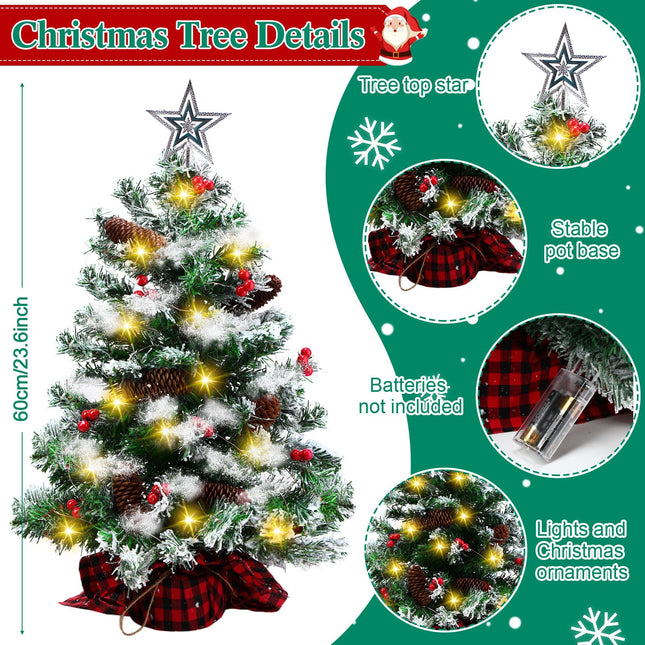 2 Pcs 2FT Mini Christmas Trees with Lights Artificial Christmas Trees Tabletop with Berries Pine Cones Hanging Ornaments Red Lattice Cloth Base Holiday Party Xmas Decorations, Sliver