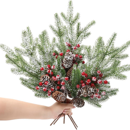 SHACOS 6pcs 16" Pine Stems Christmas Flocked Pine Branches Red Berries Pine Cone Artifical Pine Branches Snow Frosted Large Greenery Stems for Vases Xmas s Christmas Decoration Holiday Home Decor