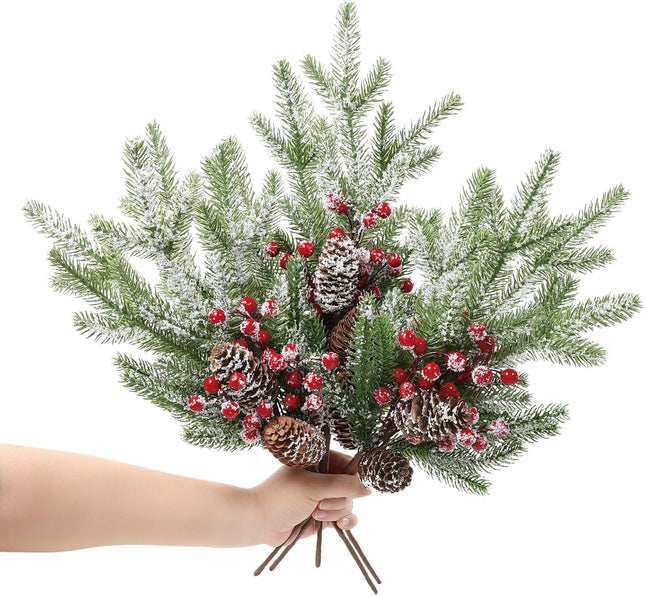 SHACOS 6pcs 16" Pine Stems Christmas Flocked Pine Branches Red Berries Pine Cone Artifical Pine Branches Snow Frosted Large Greenery Stems for Vases Xmas s Christmas Decoration Holiday Home Decor
