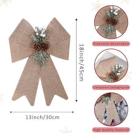 LaRibbons Christmas Bows for Wreaths,18 x 13 Inch Large Plastic Burlap Christmas Bows with Pine Cone for Tree, Indoor Outdoor Decoration