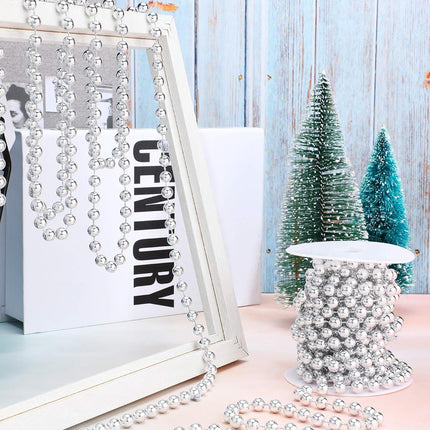 26 Feet Christmas Tree Beaded Garland Plastic Pearl Strands Chain Artificial Pearls Beads Trim Garland for Xmas Tree Holiday Wedding DIY Decoration Supplies (Silver)