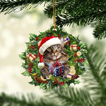 Talataca Maine Coon Cat 2D Flat Christmas Ornament, Gato Maine Coon Wearing A Christmas Hat Wreath Pine Tree Decor, Hanging House Charm Eve Keepsake, Car Rear View Mirror Accessories, Xmas