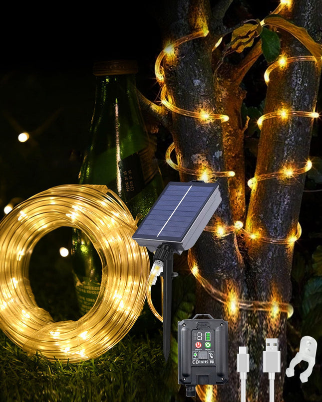 Solar Christmas Lights Outdoor 66 Feet 200 LED Solar Rope Lights with USB Rechargeable 8 Lighting Modes Solar Powered Fairy Lights IP65 Waterproof for Tree Party Garden Wedding Christmas Decorations