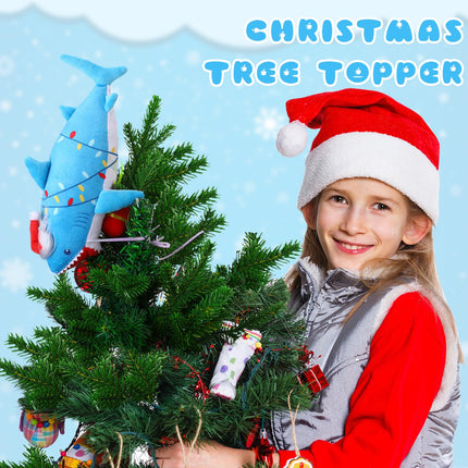 Meooeck Christmas Shark Plush Tree Topper 10 Inch Large Funny Christmas Plush Hanging Tree Ornament for Kids Christmas Tree Topper Decoration Curtain Tie Wine Bottle Decor for Holiday Party Favors