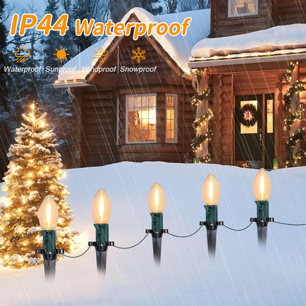 38FT LED Outdoor Christmas Pathway Lights,25 Warm White Extendable Waterproof Christmas Walkway Lights with C9 LED Bulbs and Stakes for Walkway Backyard Snowfield Christmas Decorations