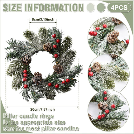 Jexine 4 Pieces Christmas Candle Rings Wreaths Small Christmas Kitchen Cabinet Wreaths Pillars Mini Candle Rings Christmas Table Centerpieces Hanging Garlands for Christmas Front Door Window Decor