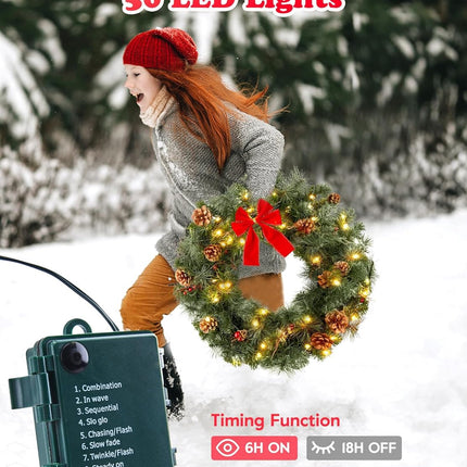 24 Inch Pre-Lit Handcrafted Christmas Wreath for Front Door, IP44 Battery Operated 50 LED Christmas Wreaths, Decor with Pinecones Pine Needles Branches Red Berry Mini Bow, Wreaths for Door Wall Window