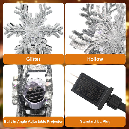 Christmas Tree Topper, Purtuemy 3D Snowflake Projection Lighted Tree Topper Christmas Decorations, 9’’ Silver Snowflake Xmas Ornaments for Indoor Year Holiday Tree Decoration, Idea