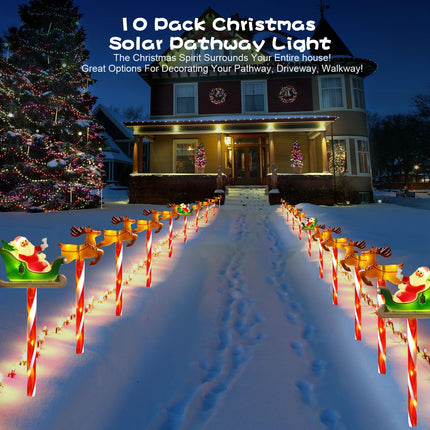 10 Pcs Solar Christmas Pathway Lights, Xmas Garden Stake Lights Decorations, Lighted Santa Claus Reindeer Outdoor Decorative Figurine Lights, Warm White LED Landscape Lighting for Patio Yard