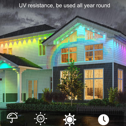 50FT Permanent Outdoor Lights, 63 Scene Modes Smart RGBW Outdoor Christmas Lights with Remote APP Control, IP67 Waterproof LED Eaves Lighting for Halloween Party, Daily, Garden Decor