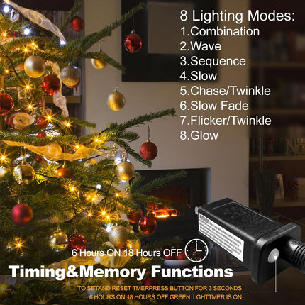 Christmas Tree Lights String, 6.6 Ft 400 LED Christmas Lights String, 16 Wires, Waterproof String Lights, 8 Modes and Memory Function, Pluggable, for Christmas Tree Decoration (Warm White)
