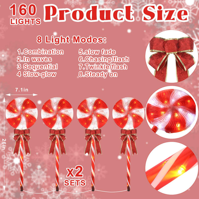 ROCEEI 2 Sets Outdoor Christmas Yard Decorations 26" Peppermint Lollipop Candy Cane Pathway Lights 160 LEDs 8 Lighting Modes Timer with Bows Waterproof Christmas Pathway Markers for Yard Garden