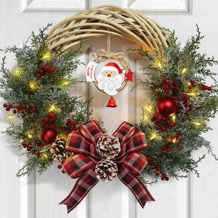 Christmas Wreaths for Front Door, 21 Inch Pre-Lit Christmas Wreath with 40 LED Lights, Santa Claus Lighted Wreath Christmas Decoration for Door Porch Fireplace Window