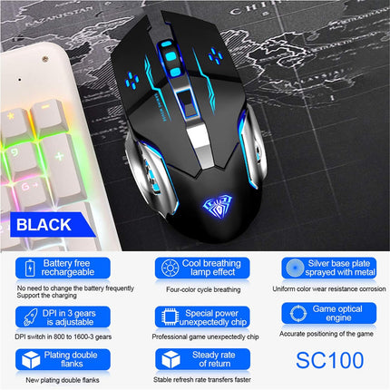 AULA SC100 Silent Wireless Gaming Mouse Rechargeable, with Side Buttons, LED Backlit, DPI Adjustable, 2.4G Wireless Optical Computer Mice Punk Cool Mouse for Games/Work (Black)