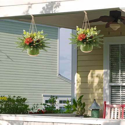 Artificial Christmas Hanging Baskets, Hanging Christmas Tree Basket Decorated with Pine Cones Red Flowers, Christmas Hanging Decoration for Front Porch Garden Patio Outdoor Xmas Decor
