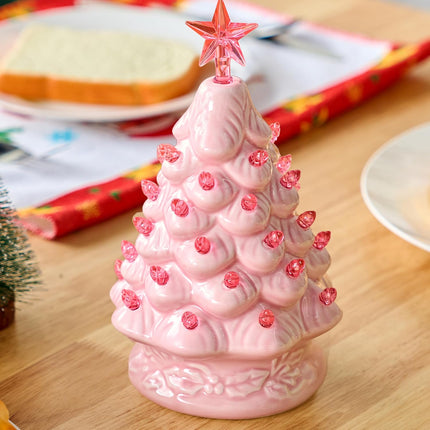 Joiedomi 7" Pink Ceramic Christmas Tree, Prelit Tabletop Christmas Tree with Extra Clear Top Star & Bulbs for Best Desk Decoration