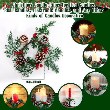 GENMOUS 8 Pcs Christmas Candle Rings Mini Wreaths, Snowy Pine Candle Garlands with Artificial Red Berries Pinecones,Christmas Centerpieces for Tables,Pillar Candle Rings Wreaths for Winter Home Decor
