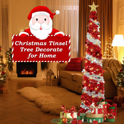 6ft Pop Up Christmas Tree Collapsible Christmas Tree, Instant Red & Silver Tinsel Christmas Tree Foldable, Sim Xmas Pencil Tree for Holiday Party Decor Indoor with Shiny Sequin and Topper Star