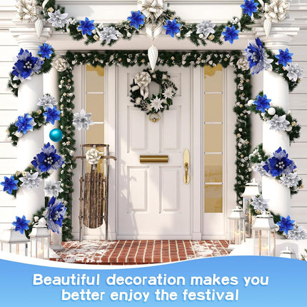 Jutom 40 Pcs 12.3/5.5 Inch Christmas Glitter Poinsettia Faux Flowers Blue Silver Poinsettias Artificial Flowers Ornaments Christmas Tree Decoration Poinsettia Christmas Decorations for Wedding Party