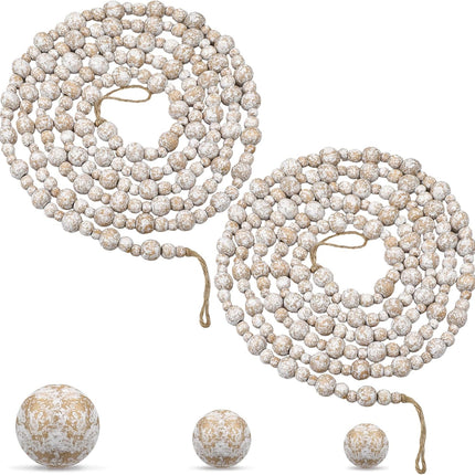 Ceenna 2 Pcs 18 Feet Christmas Wooden Beads Xmas Round Beads Garland Craft Bead Garland Farmhouse Wooden Beads for Christmas Decoration Supplies(White Frost)