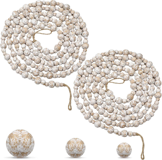 Ceenna 2 Pcs 18 Feet Christmas Wooden Beads Xmas Round Beads Garland Craft Bead Garland Farmhouse Wooden Beads for Christmas Decoration Supplies(White Frost)