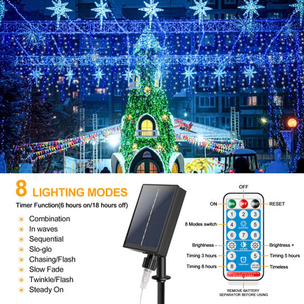 300 LED Solar Icicle Lights Outdoor with Remote Control, 33ft 8 Modes Curtain String Lights with 50 Drops, Christmas Holiday Wedding Party Decorations, Blue+White