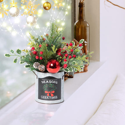 Artificial Christmas Tabletop Decorations - 14.2 Inch Small Christmas Centerpiece Potted Tree Artificial Plants with Sturdy Stand and Pine Cones and Red Berries Decoraction