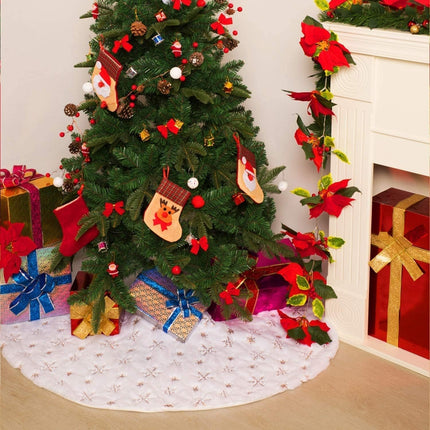 Christmas Tree Skirt 60 Inch, Gold Snowflake White Christmas Tree Decorations Indoor Sequin Tree Collar Faux Fur Plush Rug Xmas Large Mat Decor Ornaments for 4ft-9ft Tree