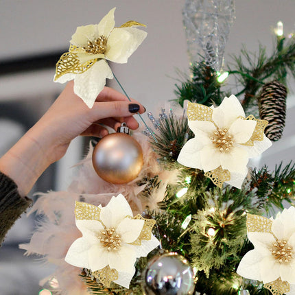 SITUMEIZI 24 Pcs Gold Poinsettia Artificial Christmas Flowers 5.5" Glitter Poinsettias Christmas Tree Decoration Flower with Stems & Clips for Wreath Xmas Tree Year Party Ornament Wedding