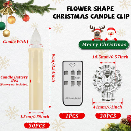 60 Pcs LED Christmas Tree Candles Set 30 Christmas LED Taper Flameless Candles with Remote Timer and 30 Christmas Tree Candle Holder Clip Flower Shape Candles Clips for Christmas Tree (Silver)