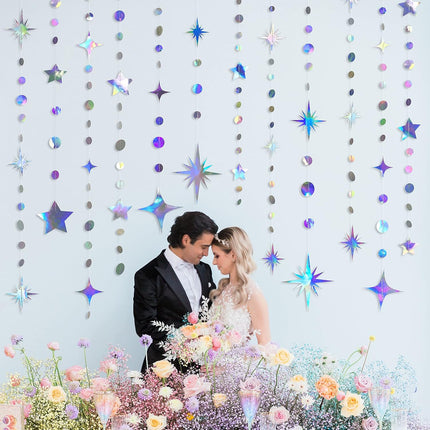 Iridescent Party Decorations Star Circle Dot Paper Garland Banner Bunting Streamer Metallic Hanging Twinkle Star Decoration for Kids Birthday Baby Shower Wedding Festival Engagement Bling Bling Decor
