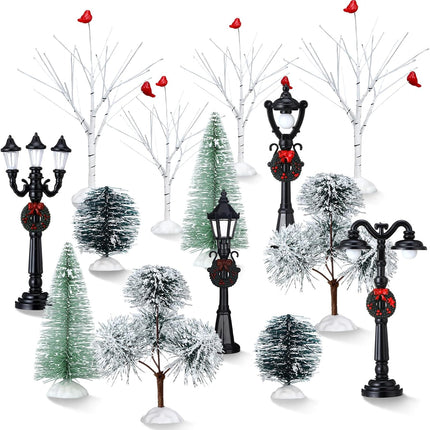 14 Pcs Christmas Accessories Village Figurine Miniature Pine Trees Snow Artificial Christmas Trees Bare Branch Trees Street Lights Lamps for Xmas DIY Crafts Winter Room Landscape (Vibrant Style)