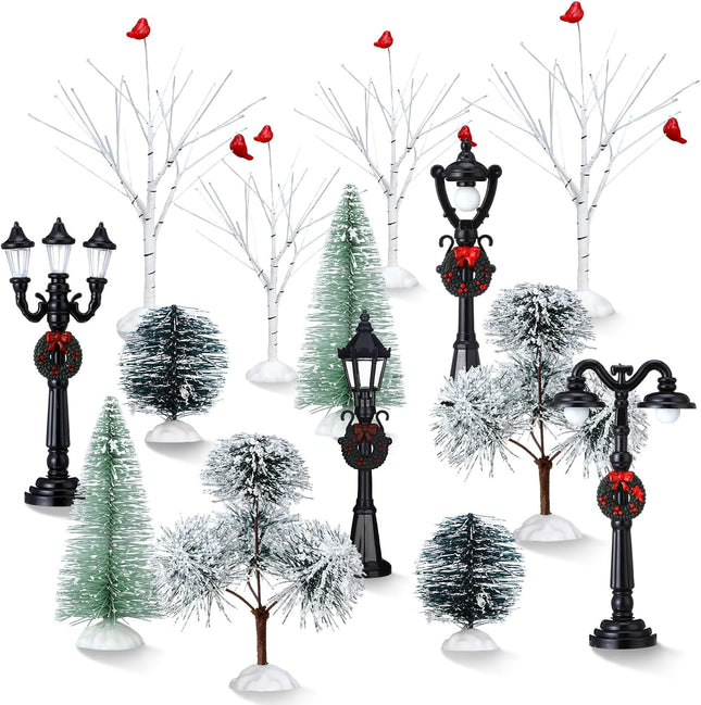 14 Pcs Christmas Accessories Village Figurine Miniature Pine Trees Snow Artificial Christmas Trees Bare Branch Trees Street Lights Lamps for Xmas DIY Crafts Winter Room Landscape (Vibrant Style)