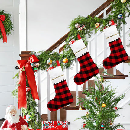 NOVWANG 10 Pack Christmas Stockings, 15.5 Inch Red Black Buffalo Plaid Christmas Stockings Bulk Festive Holiday Decor for Tree, Fireplace, Wreath