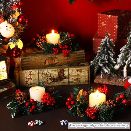 Set of 8 Christmas Candle Rings Christmas Wreaths Berry Pinecone Red Poinsettia Candle Wreaths Rings Mini Christmas Candleholders Xmas Wreath Candle Holder for Christmas Centerpiece(Cute)