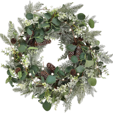24" Christmas Wreath with Pine Cones White Berries, Winter Eucalyptus Artificial Faux Evergreen Wreath Greenery Decoration for Front Door Window Home Wall Farmhouse Holiday Outdoor Indoor Décor
