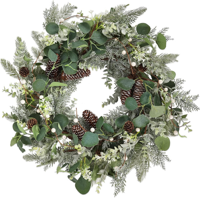 24" Christmas Wreath with Pine Cones White Berries, Winter Eucalyptus Artificial Faux Evergreen Wreath Greenery Decoration for Front Door Window Home Wall Farmhouse Holiday Outdoor Indoor Décor