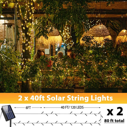 Mocalido 2 Pack Total 80FT Solar String Lights for Outside, 240 LED Outdoor String Lights Solar Powered, IP65 Waterproof Christmas Fairy Tree Light with 8 Modes, Warm White