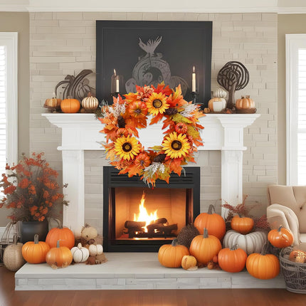Consevisen Fall Wreaths for Front Door, 22 Inch Artificial Sunflowers Pumpkin Wreath with Maple Leaves Berries Pine Cones Autumn Wreath for Thanksgiving Farmhouse Harvest Halloween Porch Home Decor