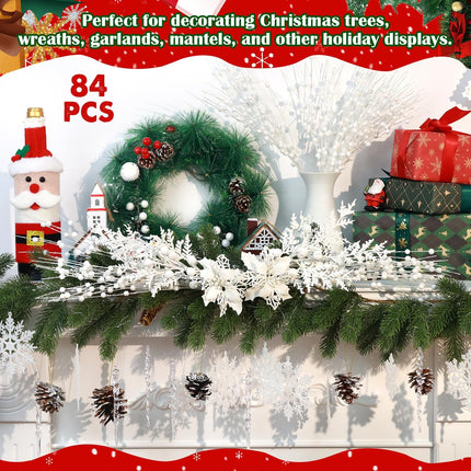 84 Piece Christmas Tree Ornaments Set, Christmas Glitter Berries Stems Poinsettia Flower Artificial Snowflake Icicle Drop - Christmas Decoration DIY Xmas Wreath Holiday Home Party Decor (White)