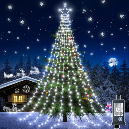 Christmas Lights Outdoor - 344 LED 12FT Christmas Tree Lights with Topper Star, Waterproof Plug in 8 Modes Waterfall String Lights for Indoor Patio Yard Lawn Party Xmas Decorations, White