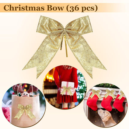 Waydress 36 Pieces Bow Decor, Christmas Tree Bow Ornament, Glitter Ribbon Bowknot for Wreath Garland, Party Crafts Home Decoration, 3 Sizes 4.3 x 4.7 Inch, 5.1 x 5.5 Inch, 6.3 x 6.7 Inch (Gold)