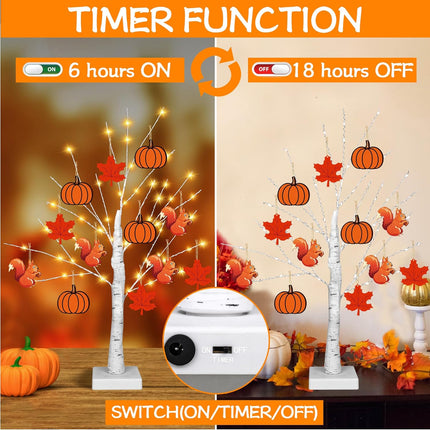 [Timer] Thanksgiving Birch Tree Lights, 24" Lighted Birch Tree with 24 PCS Fall & Thanksgiving Hanging Ornaments, Battery Operated BirchTree Fall Thanksgiving Decorations Indoor Table Bedroom Home