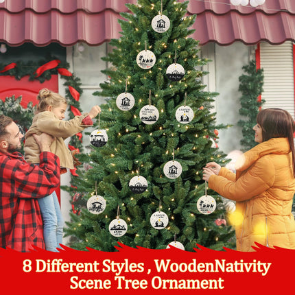 40 Pieces Nativity Scene Christmas Tree Ornament Wooden Nativity Scene Ornaments Wood Slice Nativity Decorations Christmas Wood Chips Xmas Round with 16 Yard Ropes for Xmas Tree Party Decoration