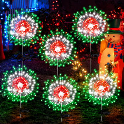 6 Pcs Christmas Solar Firework Lights Solar Lights Outdoor Garden 120 LED 8 Modes Waterproof LED Sparkler Lights Outdoor for Patio Yard Pathway Walkway(Red, White, Green)